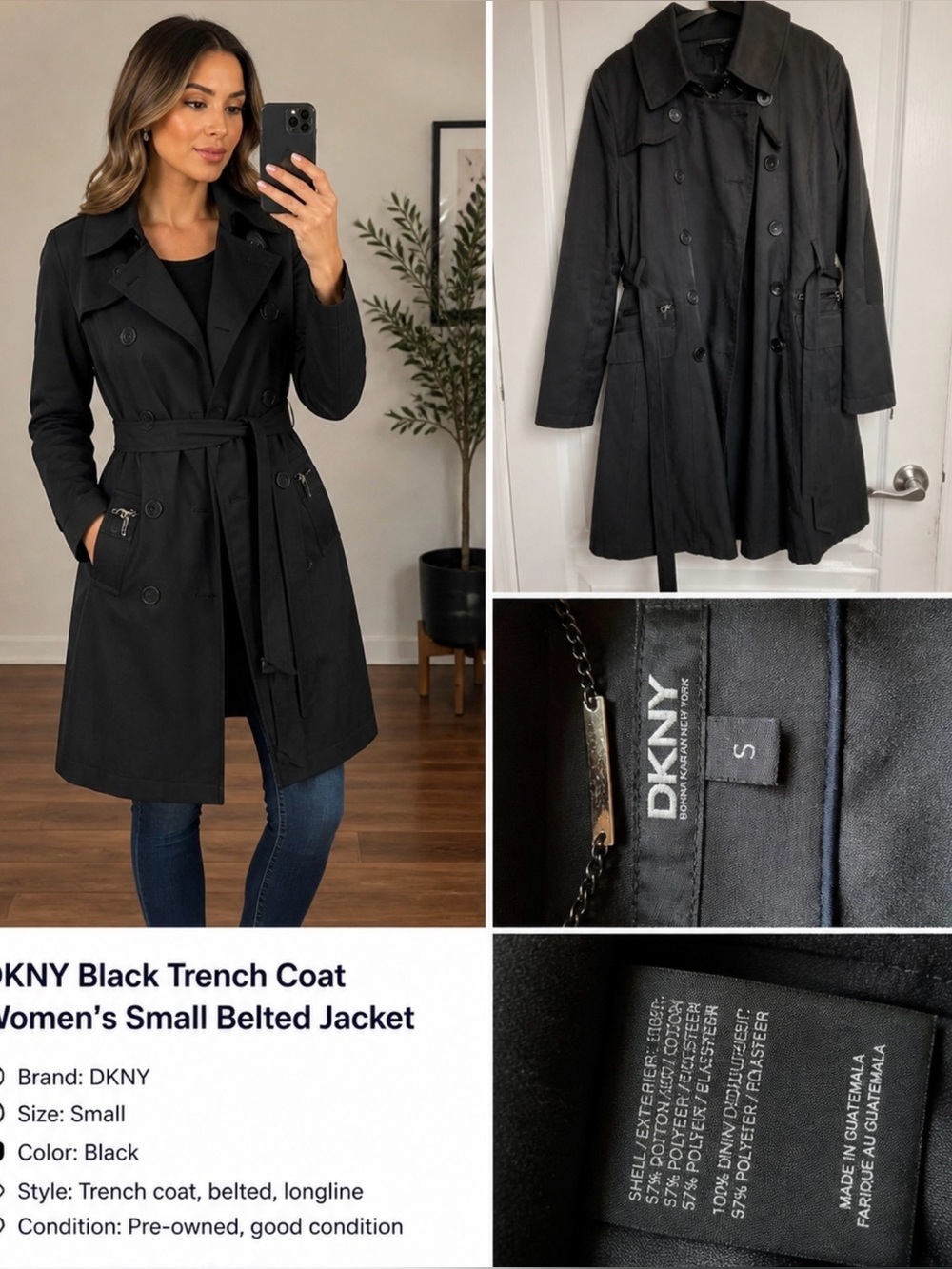 DKNY Black Trench Coat Women’s Small Belted Lightweight Classic Jacket